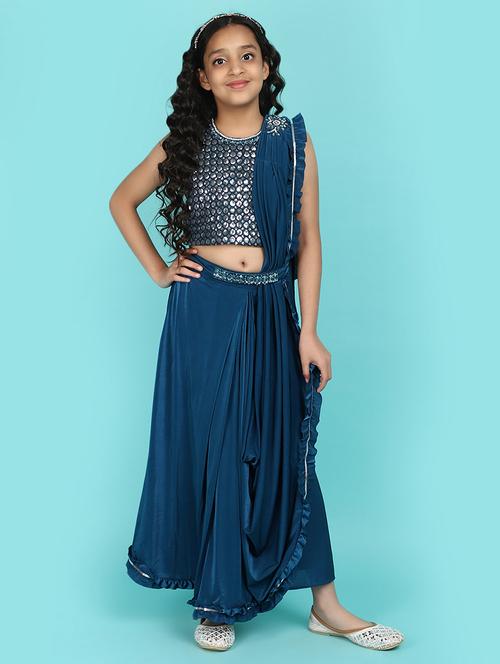 girls teal sequins & mirror work fusion set - 21143108 - Standard Image - 0