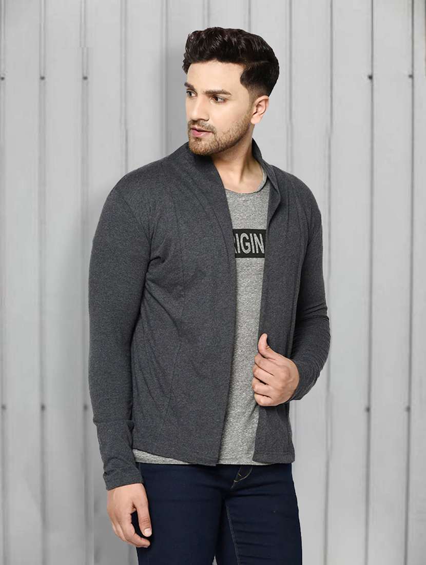 men charcoal numeric back print cotton full sleeve open cardigan - 21143591 -  Standard Image - 1