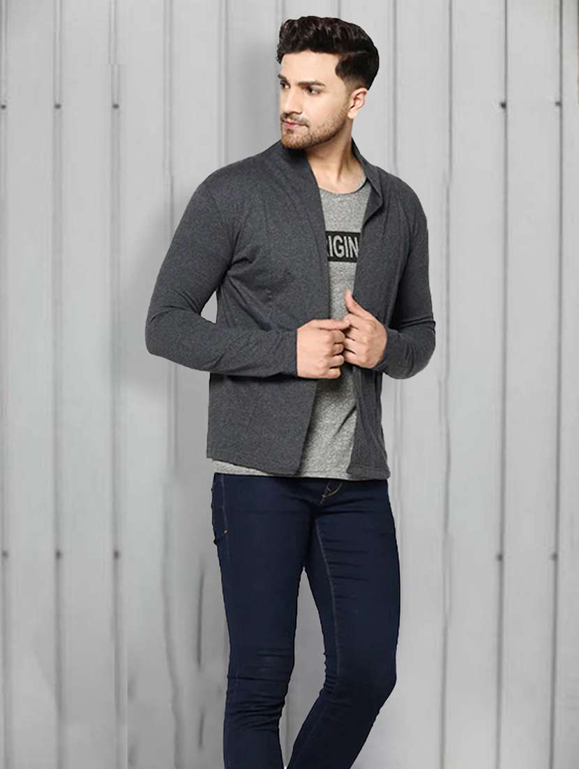 men charcoal numeric back print cotton full sleeve open cardigan - 21143591 -  Standard Image - 4