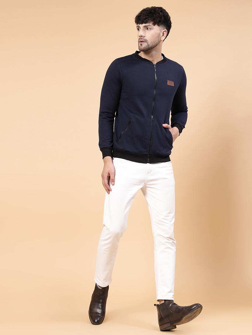 men navy blue solid long sleeve casual jacket - 21143598 - Standard Image - 4
