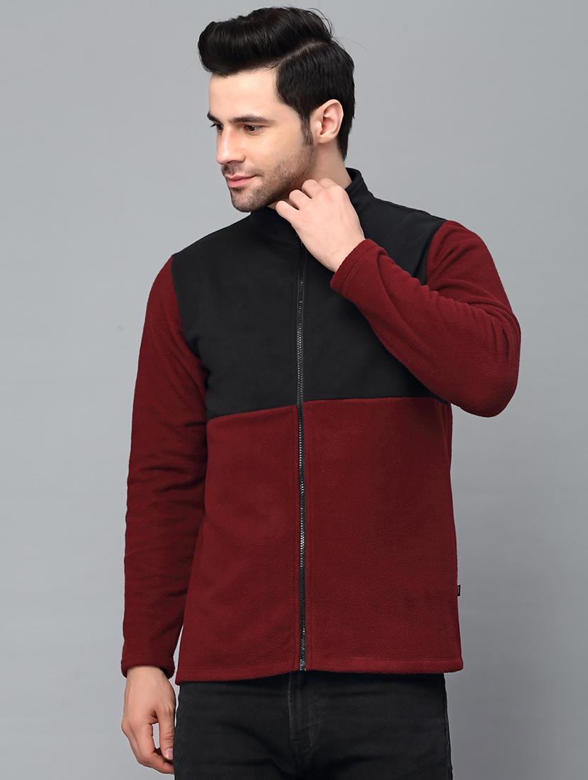 maroon color block fleece casual jacket - 21143686 - Zoom Image - 0
