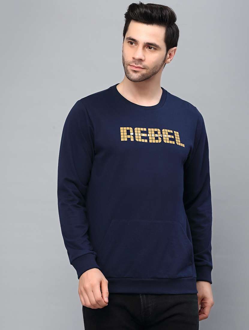 navy blue chest printed round neck sweatshirt