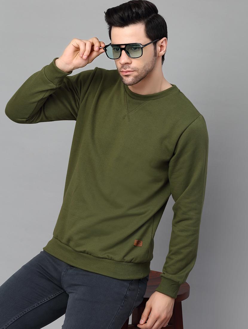 solid olive green round neck sweatshirt - 21143726 - Standard Image - 1