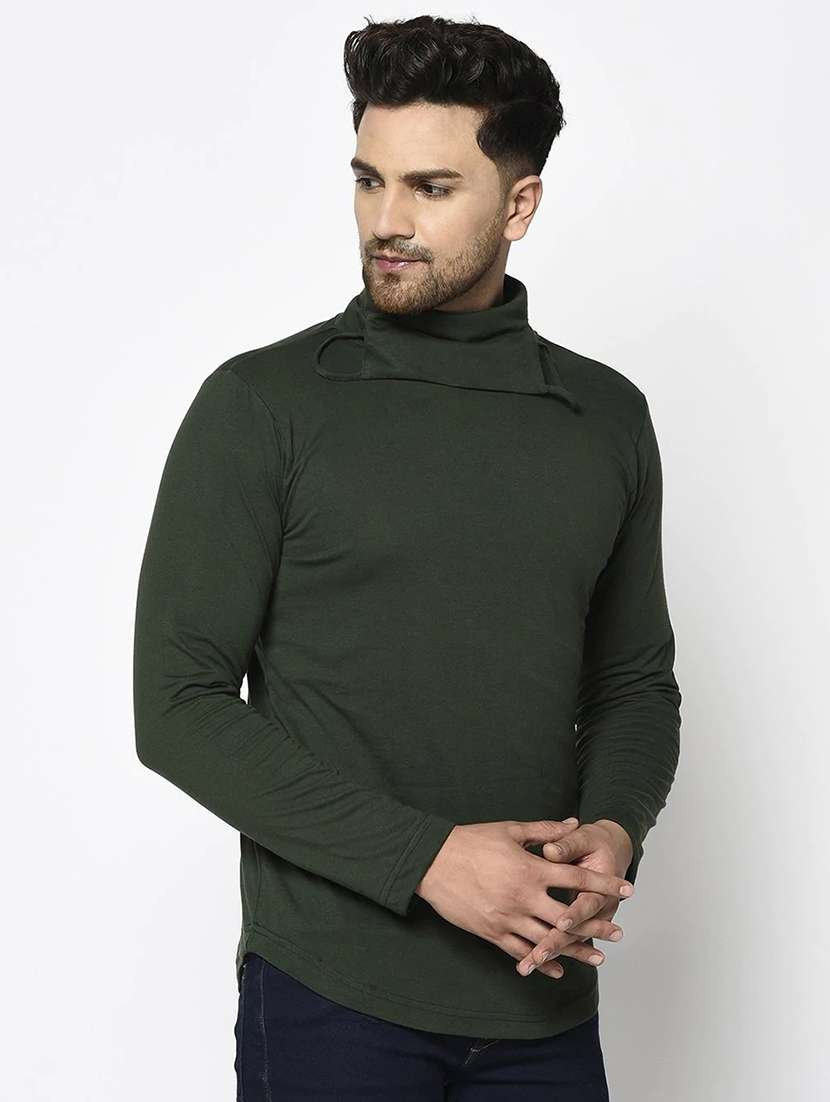 men olive plain t-shirt with attached face mask - 21143752 -  Standard Image - 1