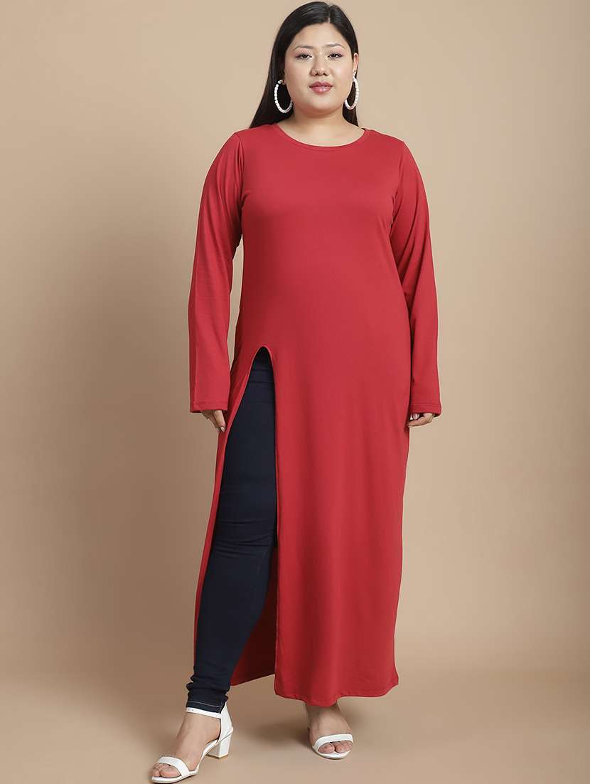 maroon cotton blend high slit tunic - 21144760 - Standard Image - 1