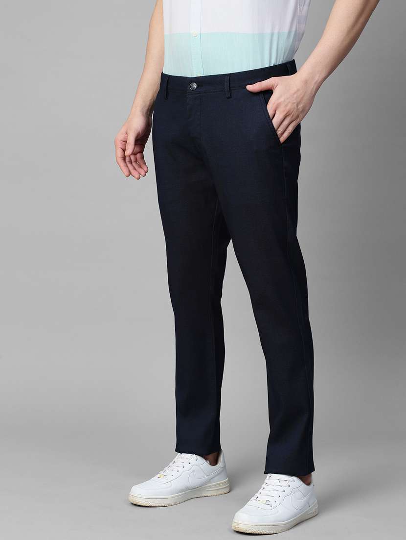 men navy blue solids flat front casual trousers - 21144880 -  Standard Image - 1