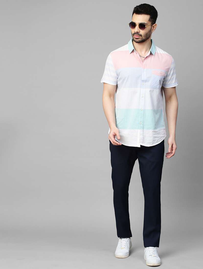 men navy blue solids flat front casual trousers - 21144880 - Standard Image - 4