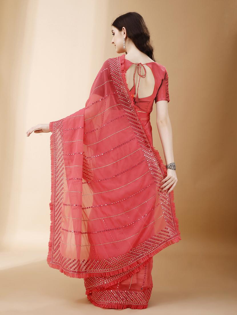 coral pink embroidered saree with blouse - 21144924 -  Standard Image - 1