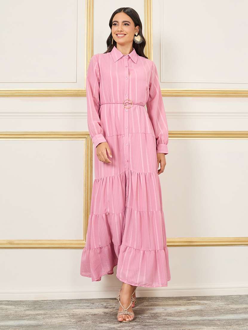 women striped collared tiered dress