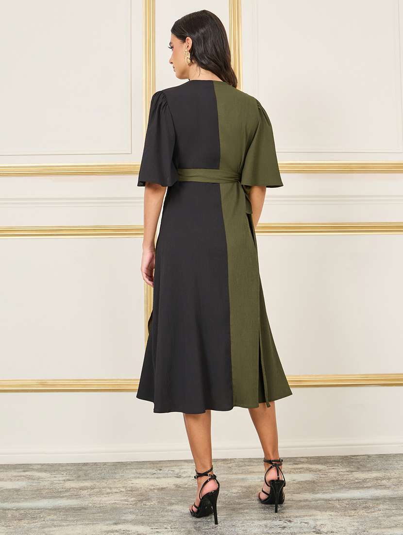 women color blocked flute sleeves wrap dress - 21144957 -  Standard Image - 1