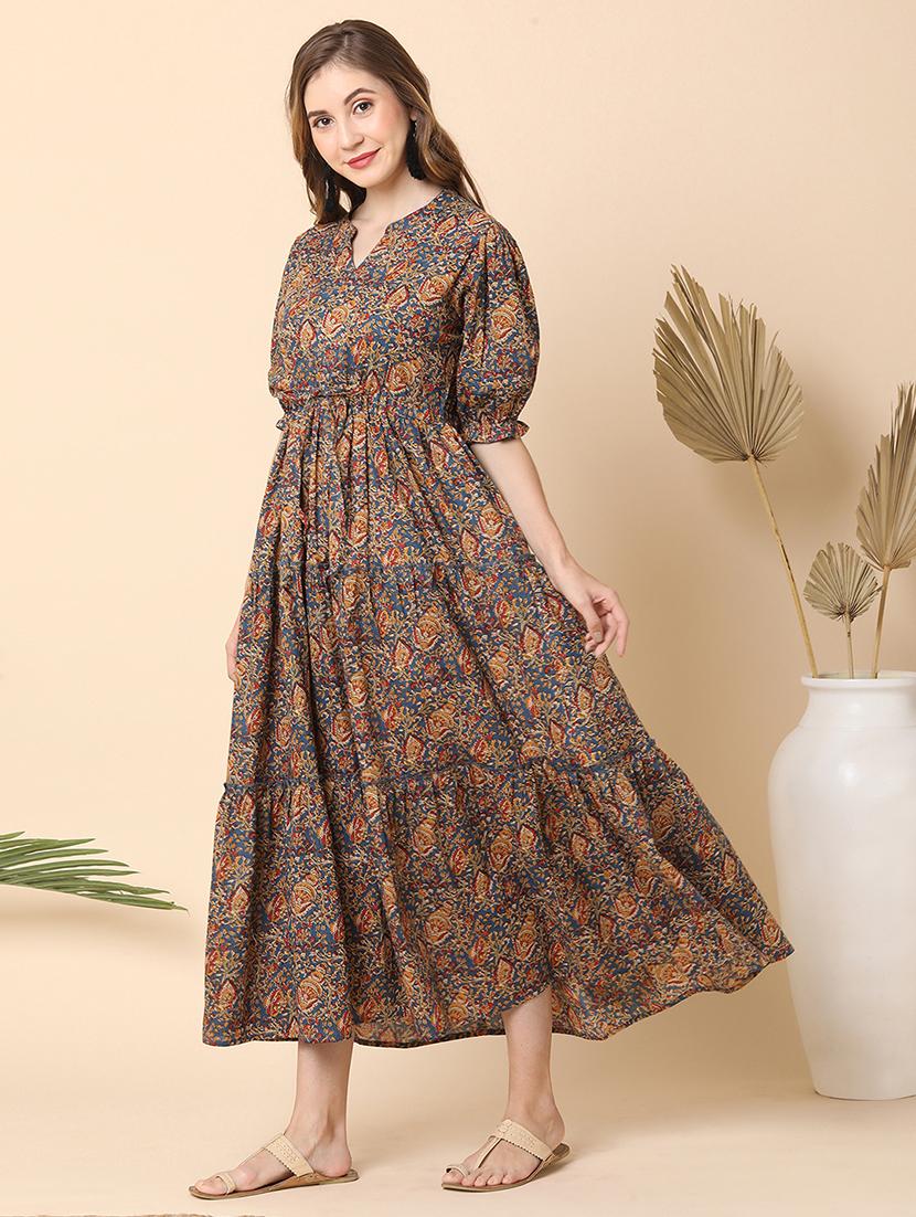 globus women blue all over printed puff sleeves mandarin collar waist tie-up tiered maxi dress - 21144979 - Standard Image - 1