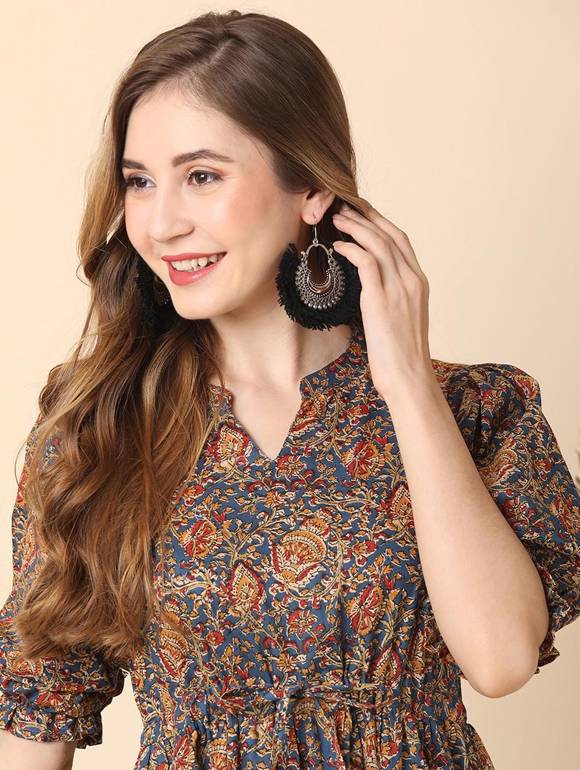 globus women blue all over printed puff sleeves mandarin collar waist tie-up tiered maxi dress - 21144979 - Standard Image - 4