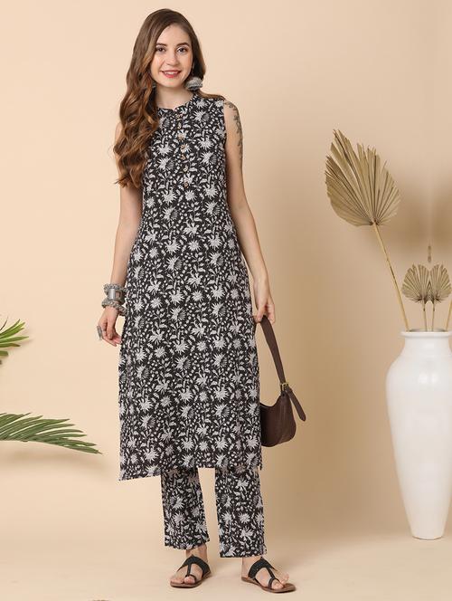 globus women black allover floral printed mandarin collar a-line kurta with narrow pants - 21144982 - Standard Image - 0