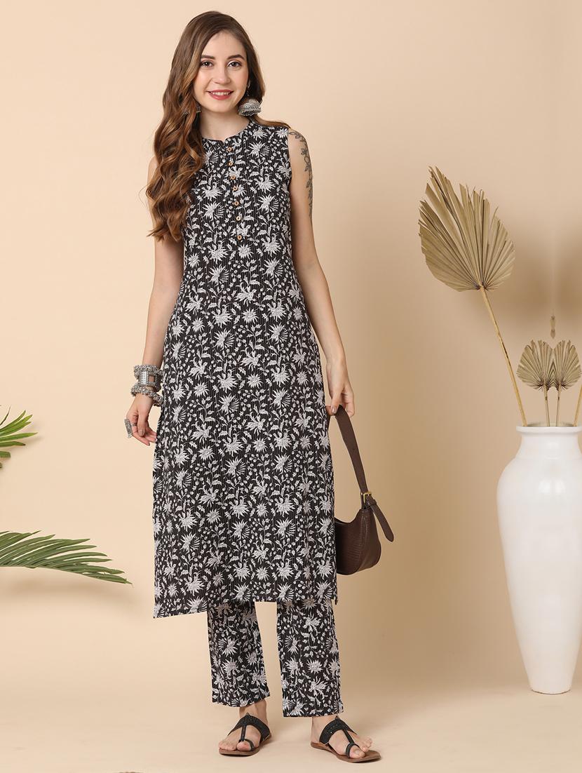 globus women black allover floral printed mandarin collar a-line kurta with narrow pants - 21144982 - Zoom Image - 0