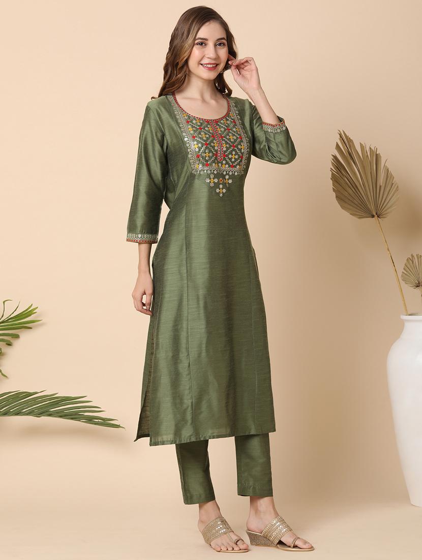 olive art silk kurta pant  set - 21144984 -  Standard Image - 1