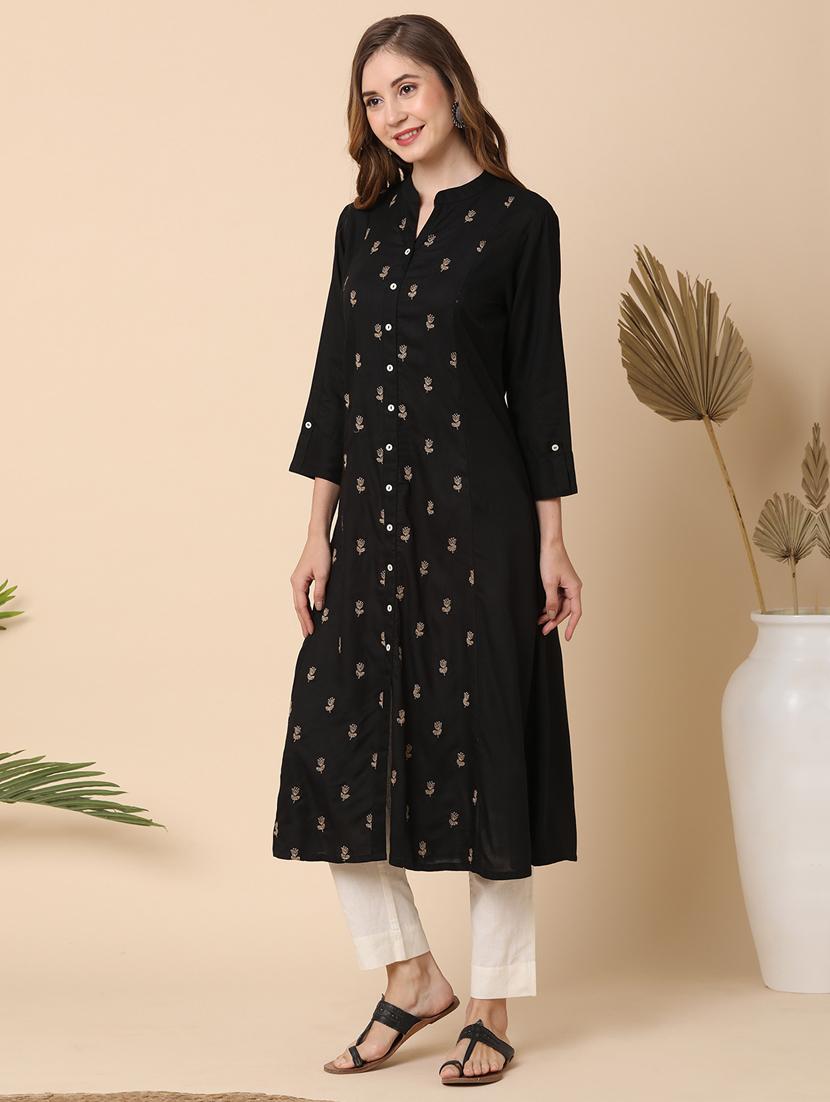 globus women black mandarin collar floral embroidered panelled a-line kurta - 21144990 -  Standard Image - 1