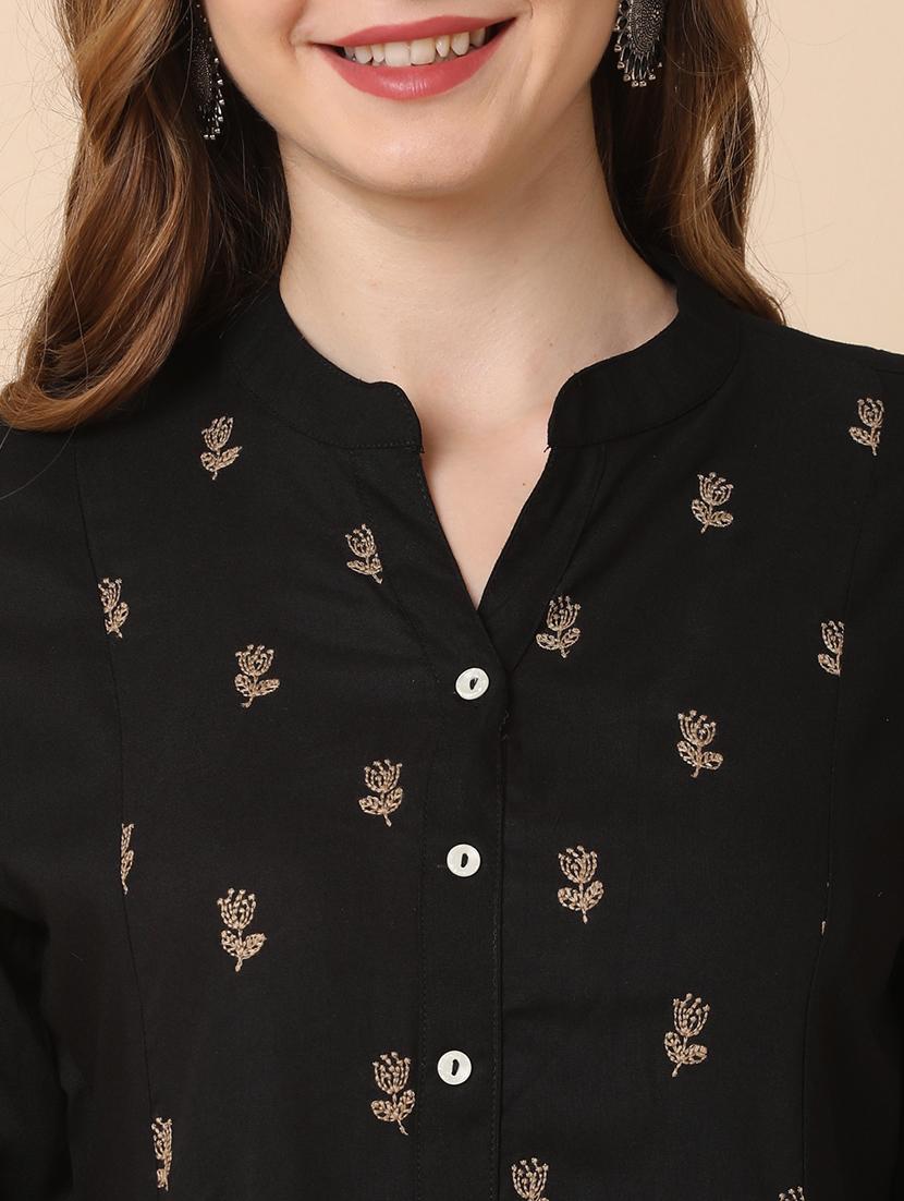 globus women black mandarin collar floral embroidered panelled a-line kurta - 21144990 - Standard Image - 4