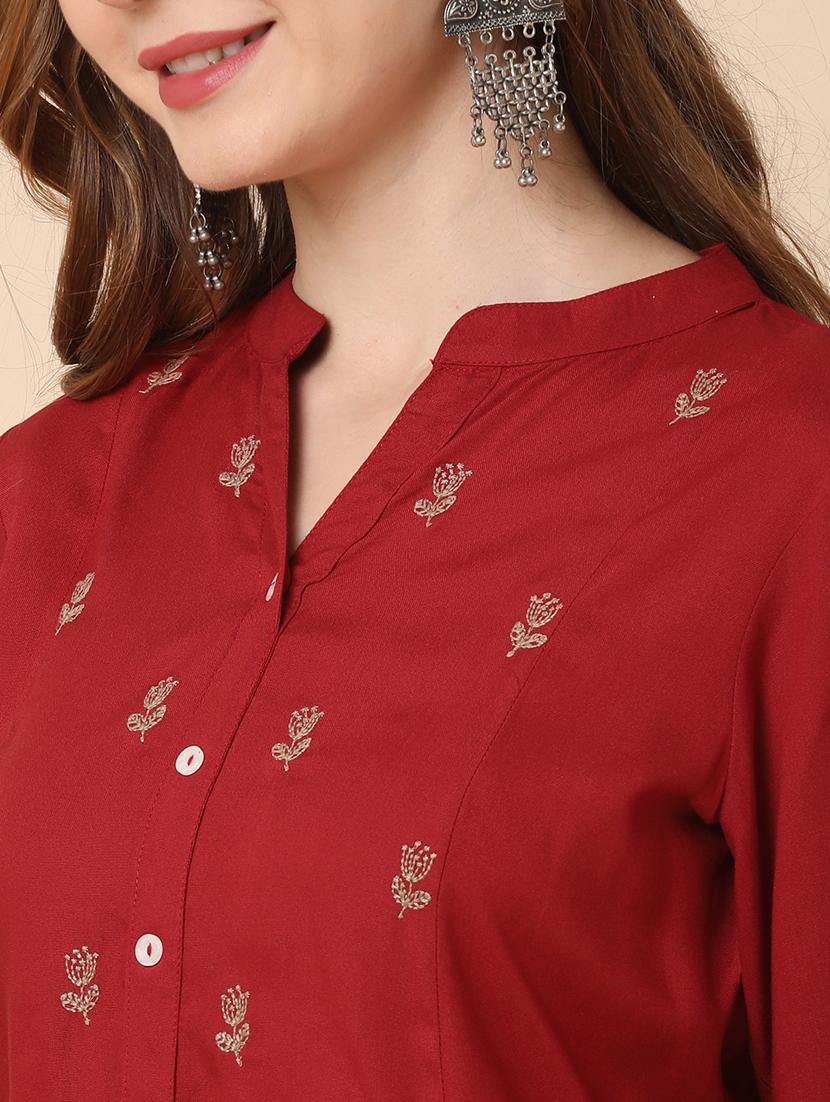 globus women maroon mandarin collar floral embroidered panelled a-line kurta - 21144991 - Standard Image - 4