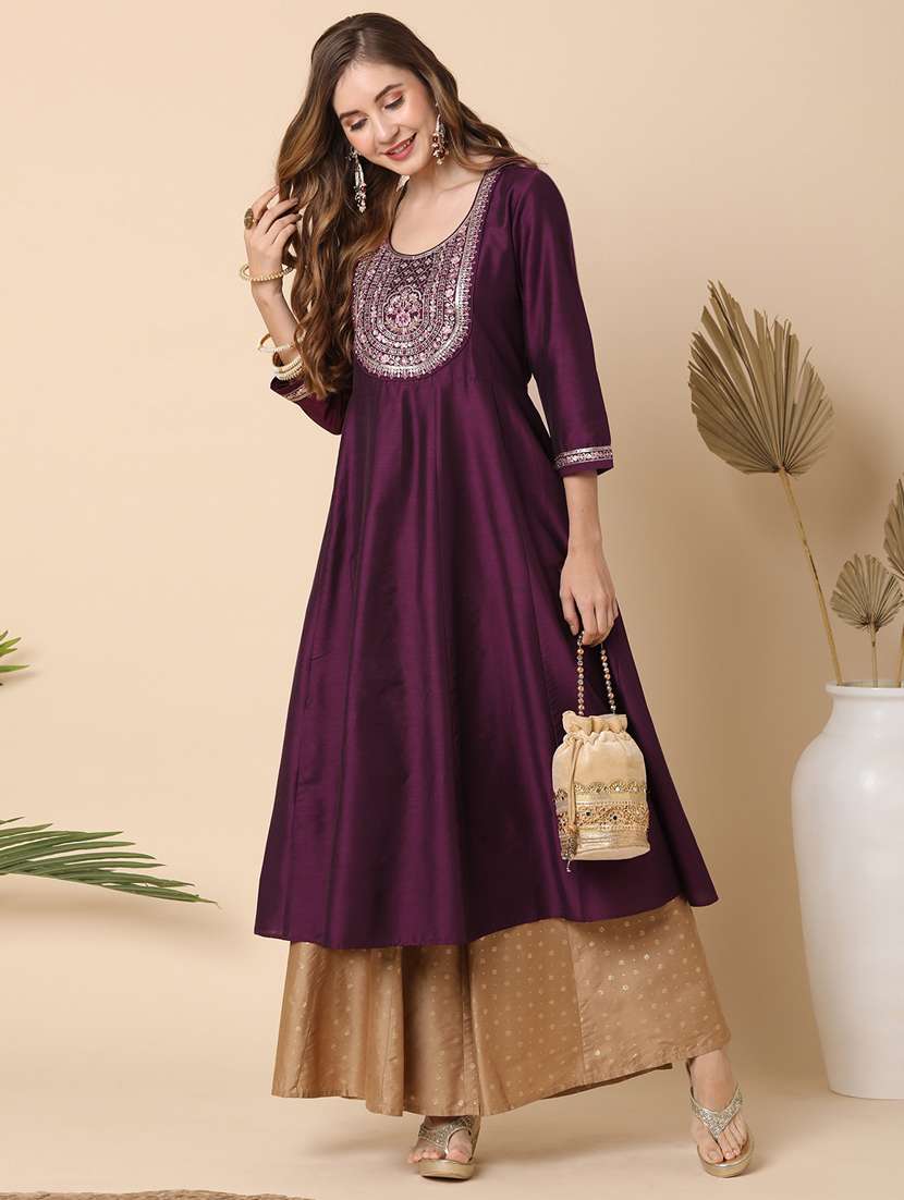 globus women purple embroidered yoke panelled anarkali kurta