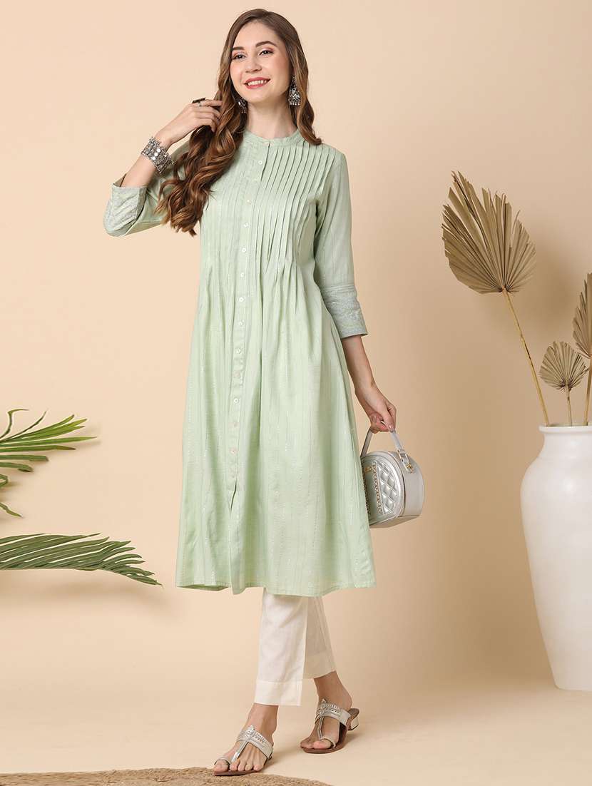 women neo mint solid three quarter sleeve a-line kurta