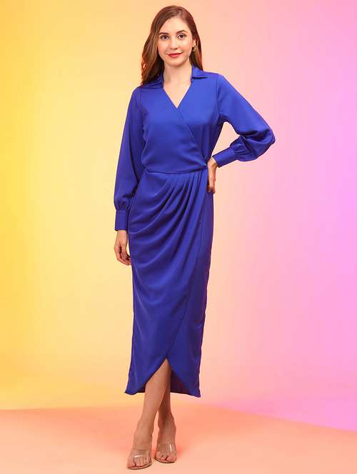 globus women blue wrap neck shitr collar cuff sleeves tulip maxi party dress - 21145001 -  Standard Image - 0