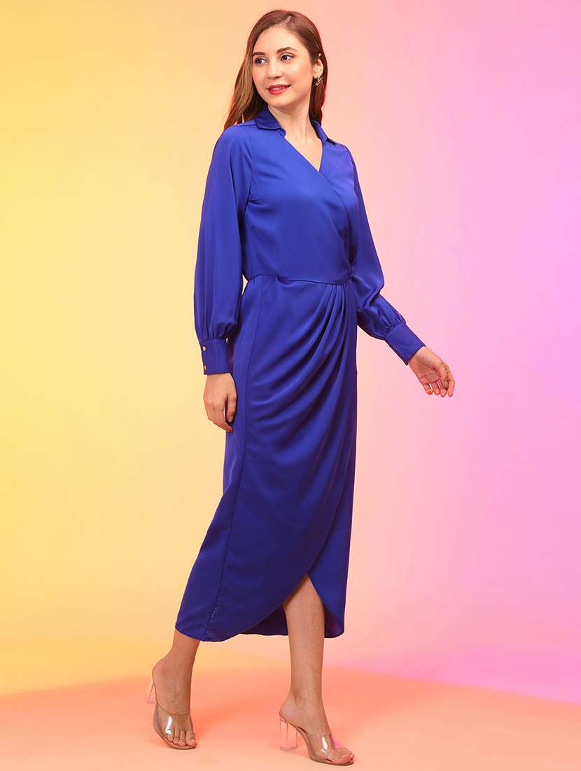 globus women blue wrap neck shitr collar cuff sleeves tulip maxi party dress - 21145001 -  Standard Image - 1