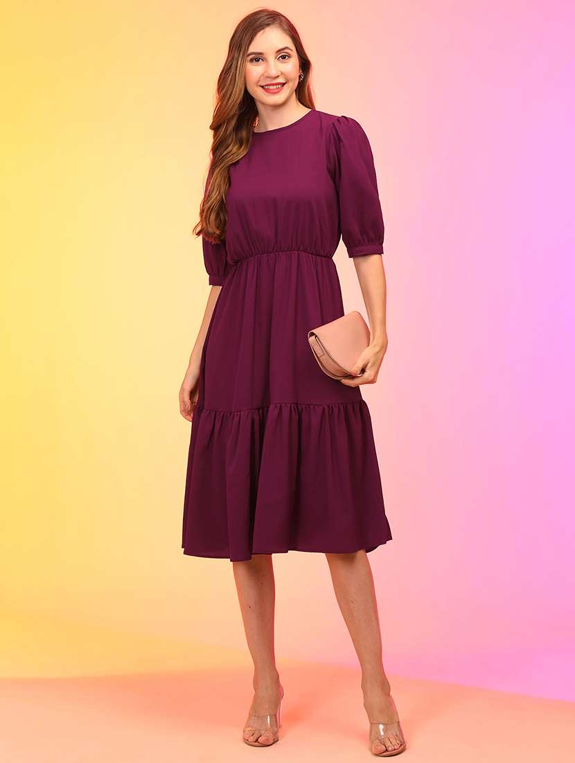 women burgundy polyester fit & flare dress