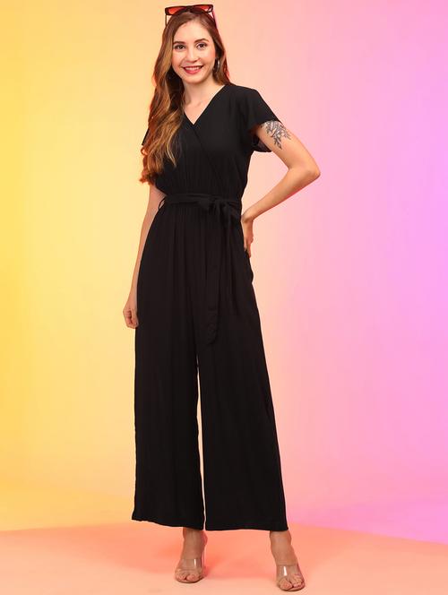 globus women black tie & dye v-neck wrap waist tie-up jumpsuit - 21145018 - Standard Image - 0