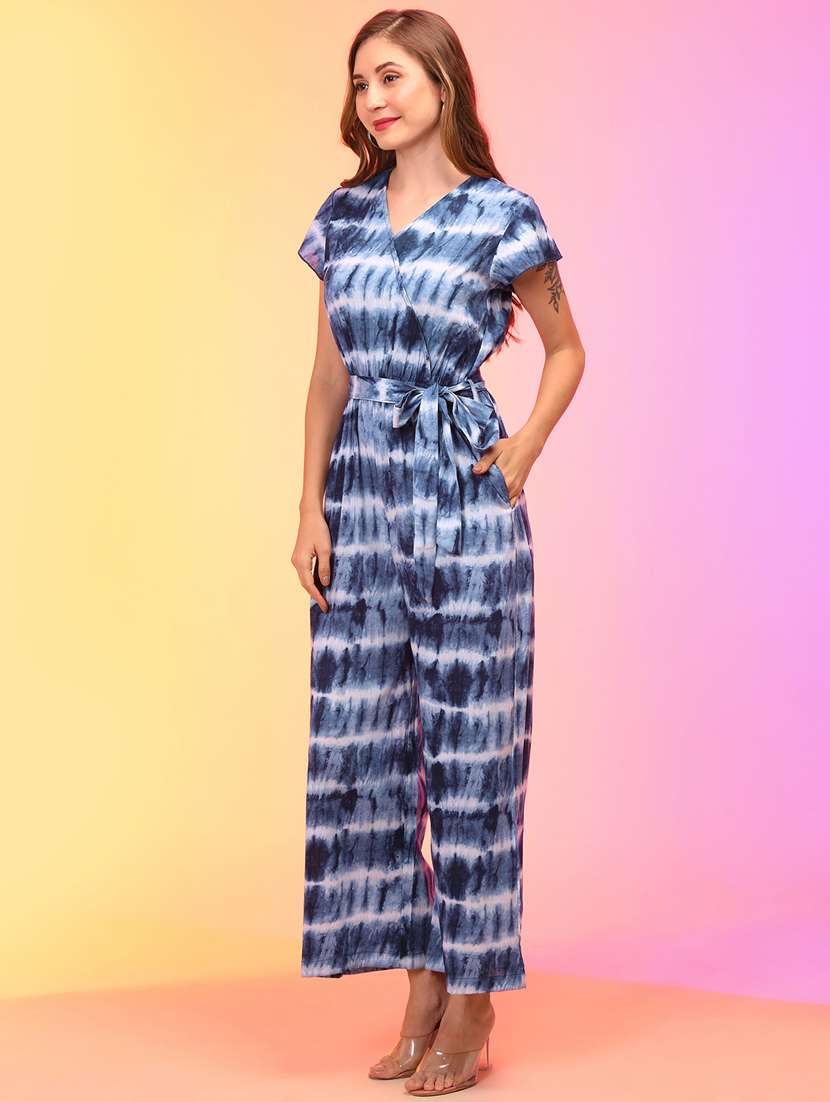 globus women blue tie & dye v-neck wrap waist tie-up jumpsuit - 21145019 -  Standard Image - 1
