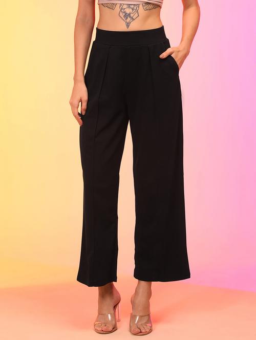 globus women black straight fit pleated wide leg trousers - 21145020 - Standard Image - 0
