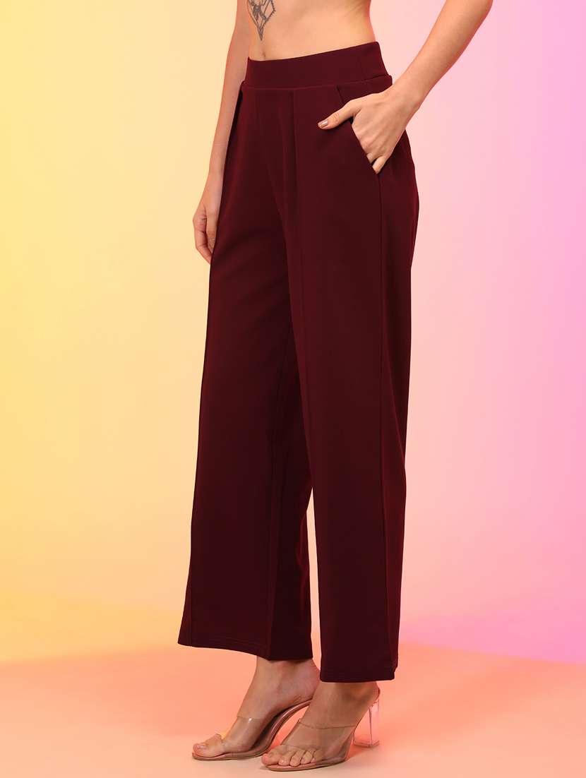 solid maroon wide leg trouser - 21145022 -  Standard Image - 1