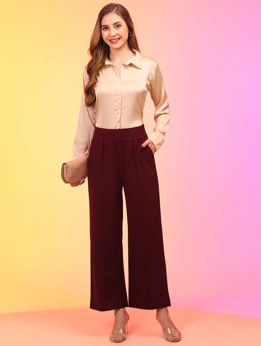 solid maroon wide leg trouser - 21145022 -  Standard Image - 4