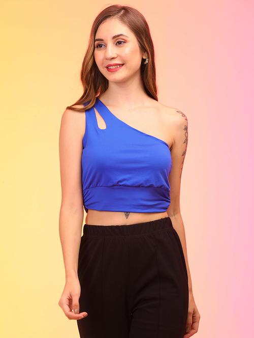 solid blue single shoulder crop top - 21145046 - Standard Image - 0
