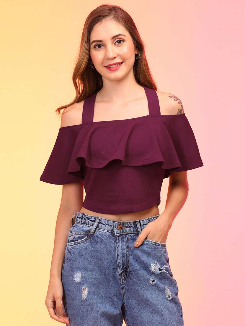 women solid shoulder strap crop top