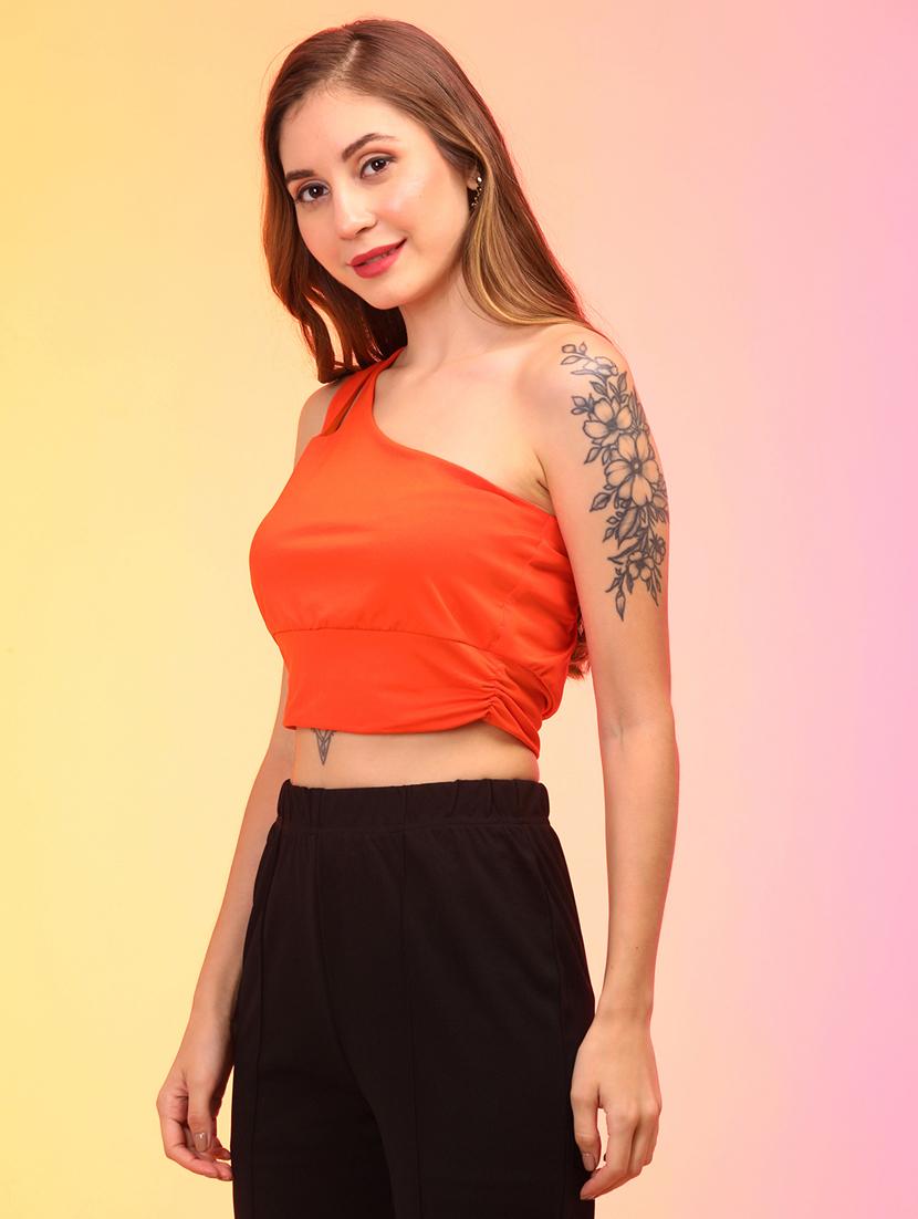 solid orange single shoulder crop top - 21145053 - Standard Image - 1