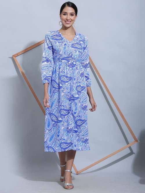 blue printed a-line dress - 21145130 - Standard Image - 0