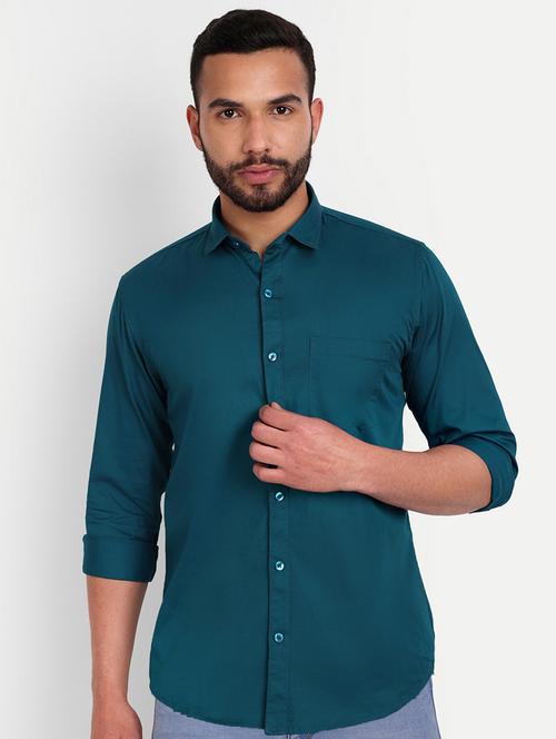 solid teal blue cotton blend casual shirt - 21145154 - Standard Image - 0