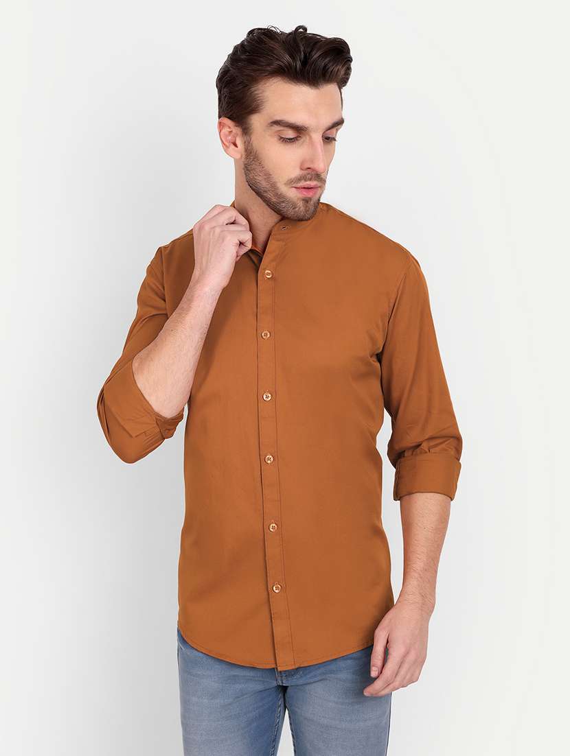 solid brown cotton blend casual shirt