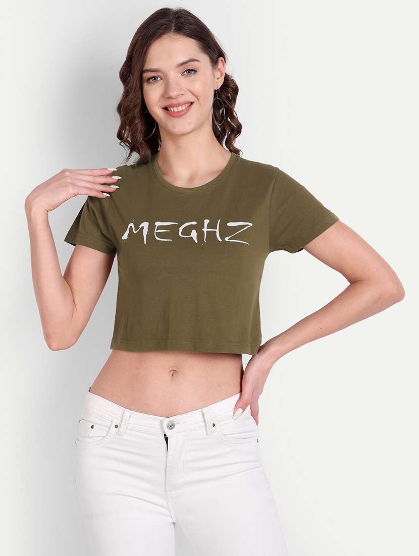 olive chest printed crop t-shirt