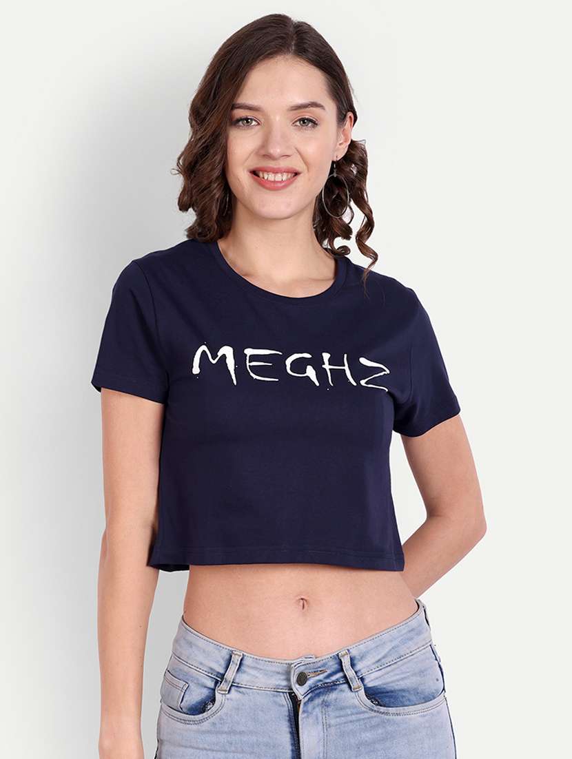navy blue chest printed crop t-shirt