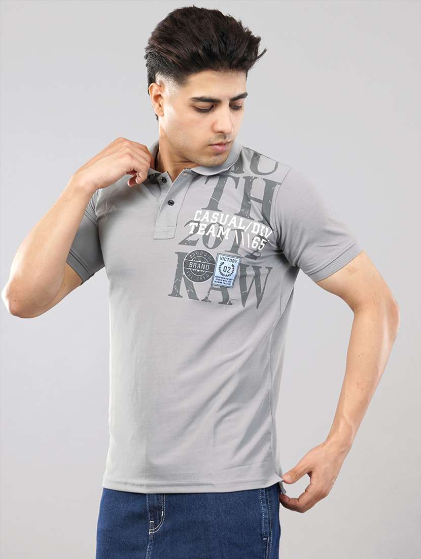 grey placement printed polo t-shirt - 21145288 -  Standard Image - 1