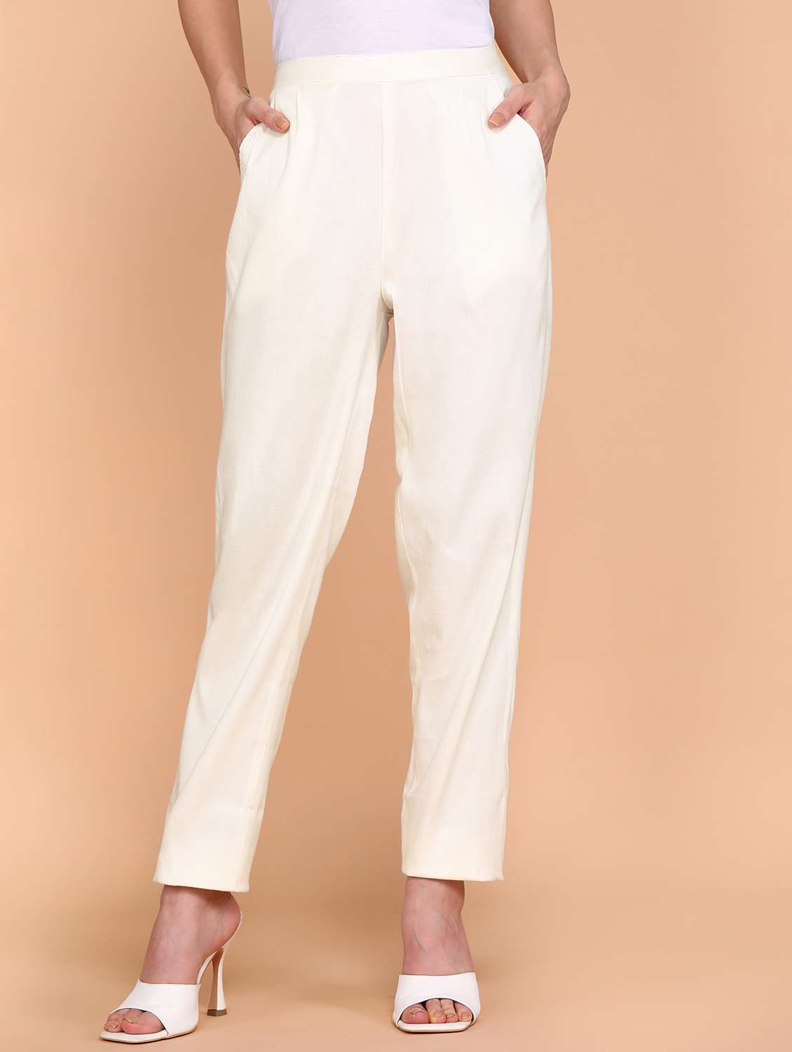 solid white flat front trouser