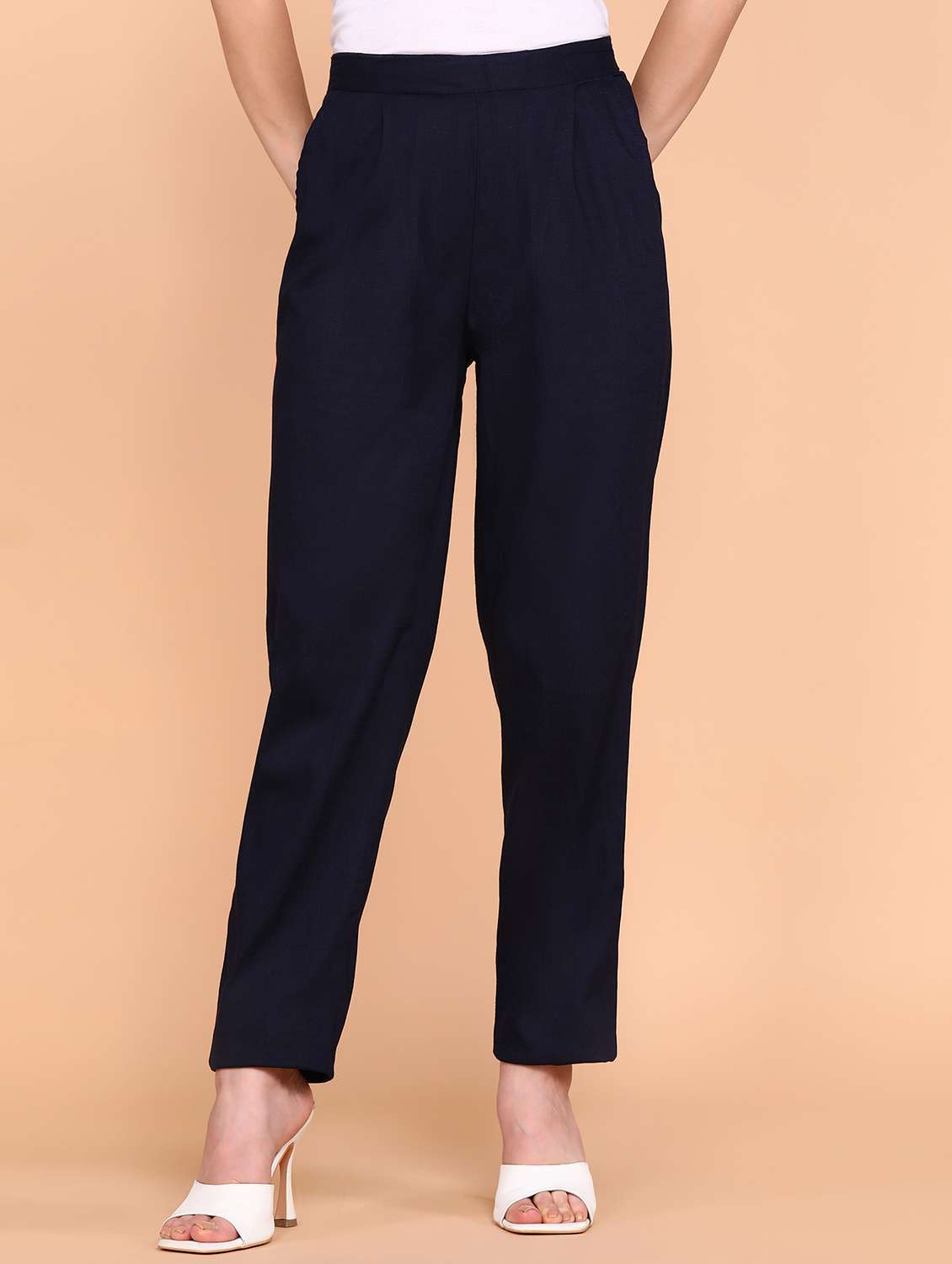 solid navy blue flat front trouser