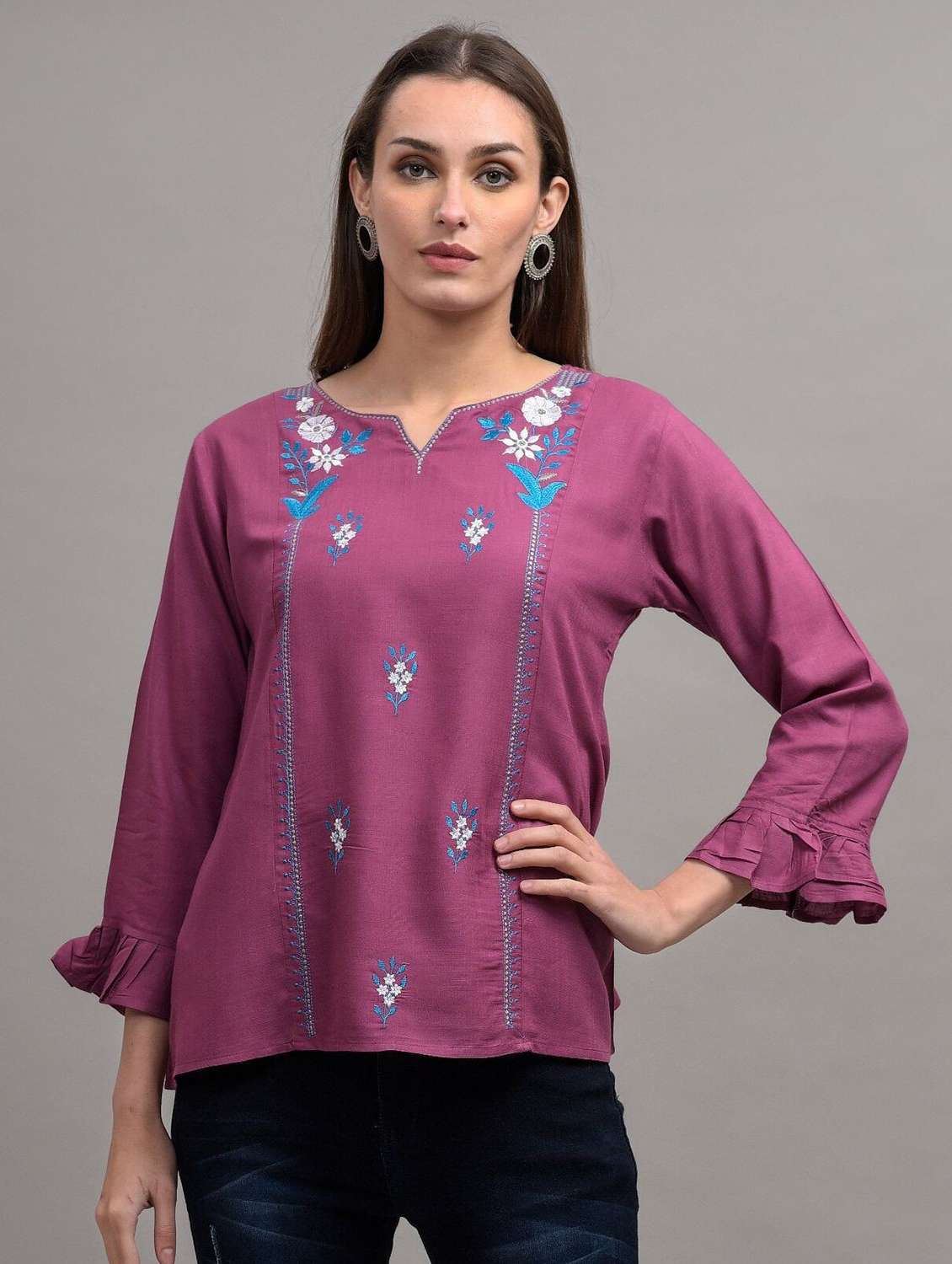 purple embroidered detailed regular top - 21145366 -  Zoom Image - 0