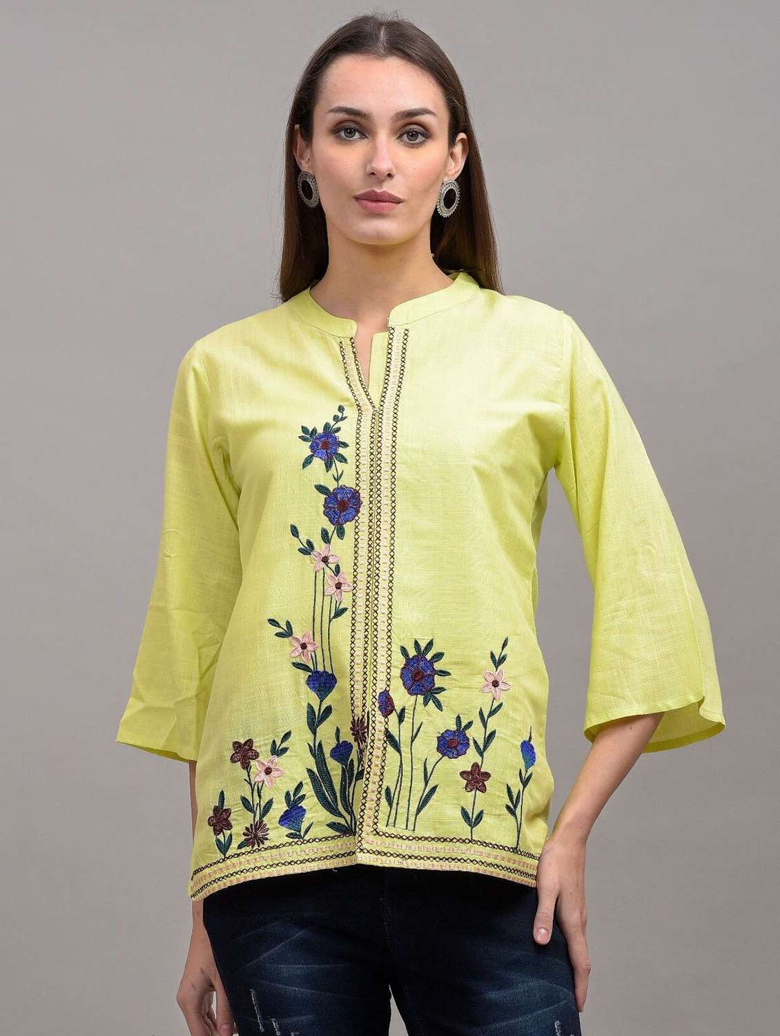 yellow embroidered detailed regular top