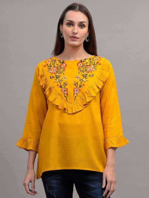 yellow embroidered detailed regular top - 21145371 -  Standard Image - 0