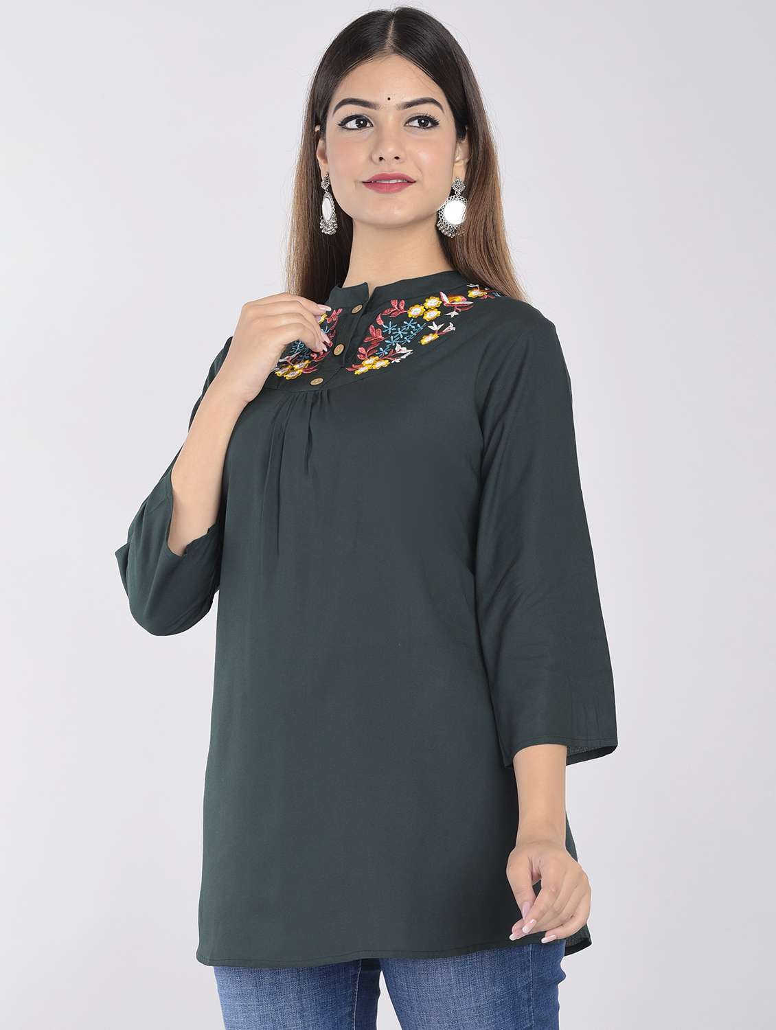 green embroidered detailed regular tunic - 21145381 -  Standard Image - 1