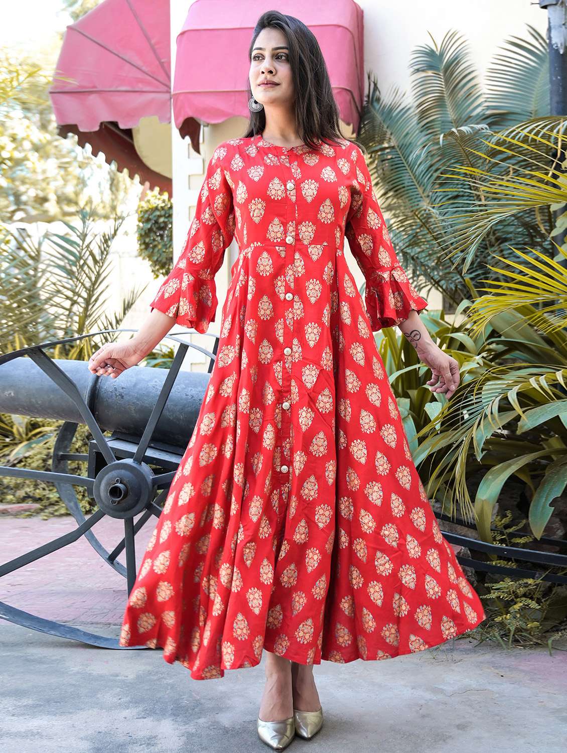 women red printed flared kurta