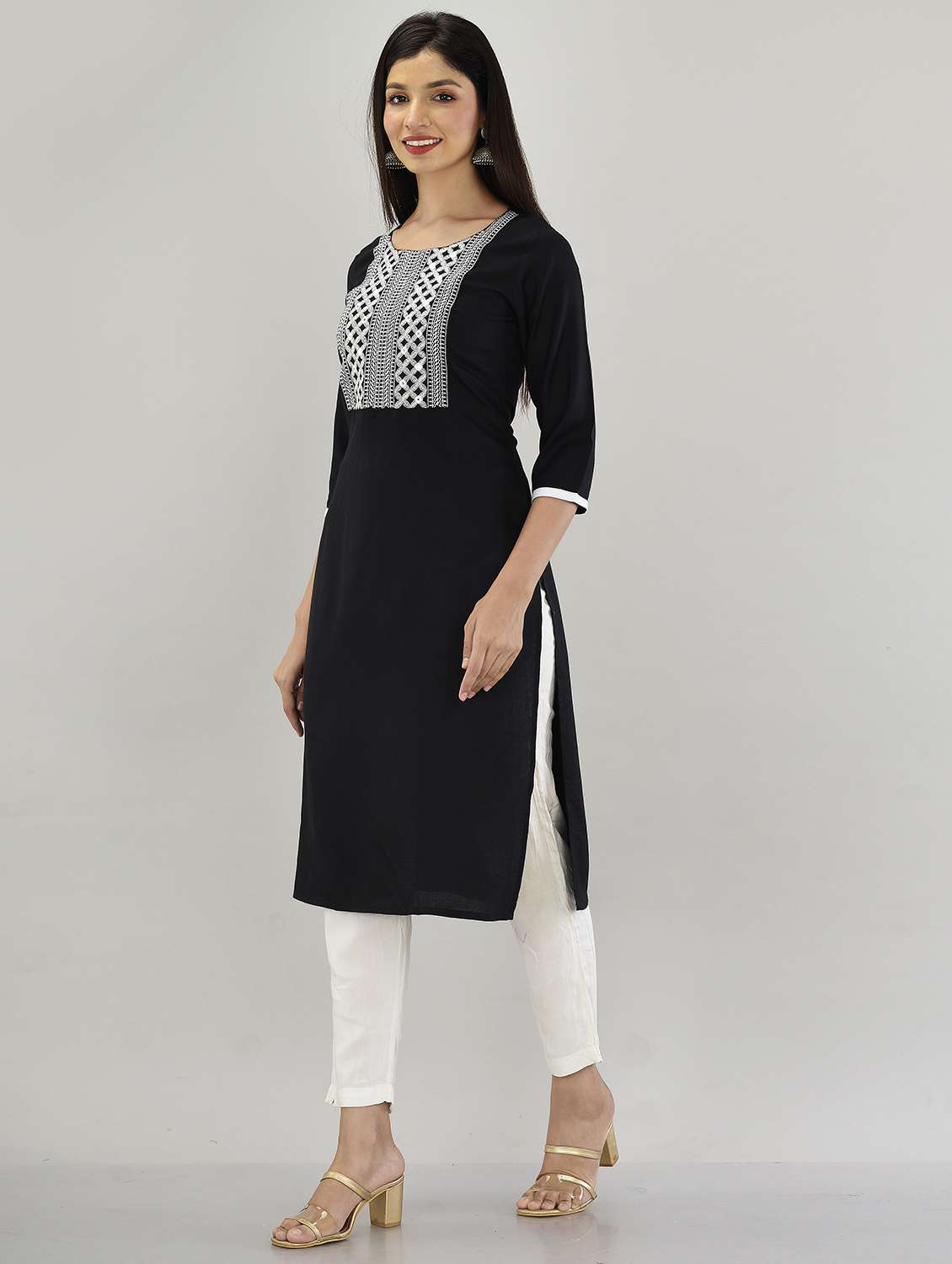 women neck embroidered straight kurta - 21145405 - Standard Image - 1