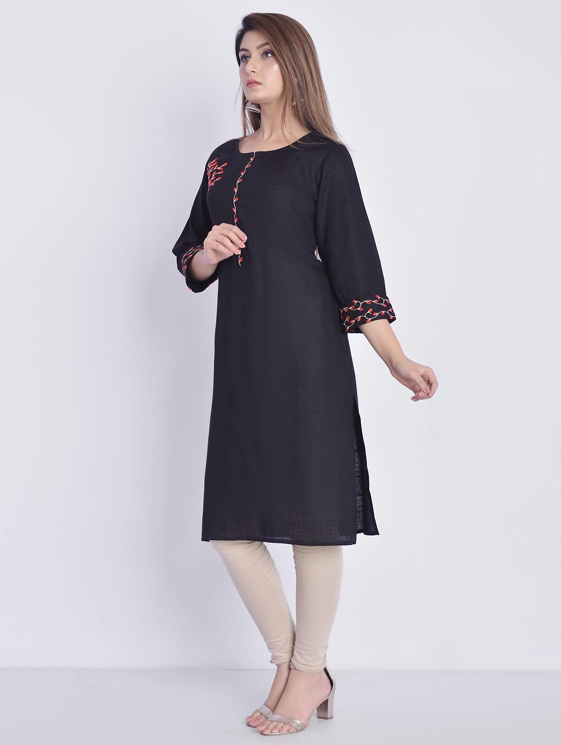 women black round neck straight kurta - 21145408 -  Standard Image - 1
